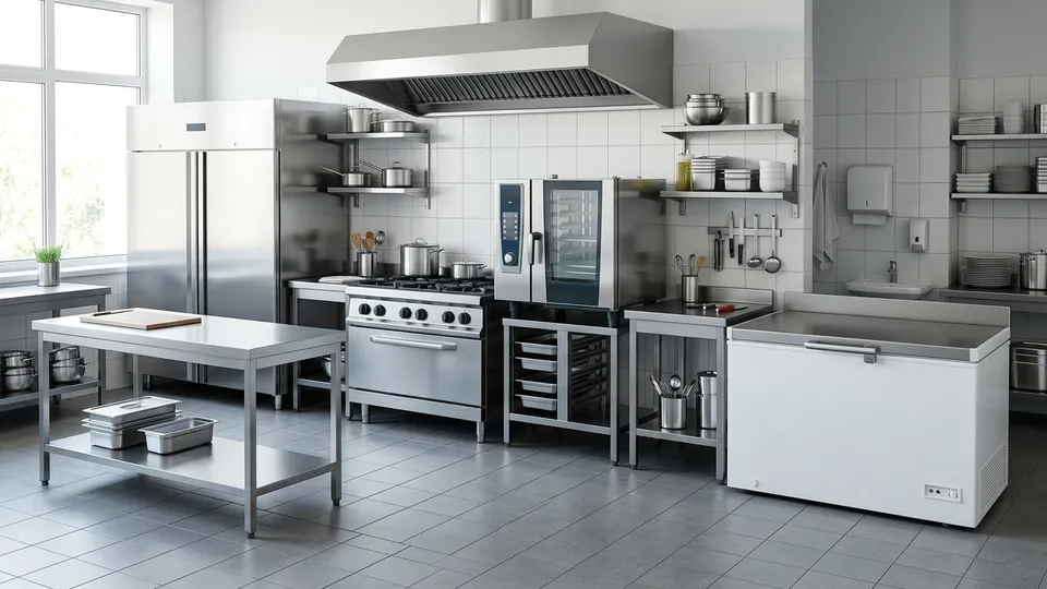 Stainless steel commercial kitchen equipment including fridge, oven, burners and chest freezer