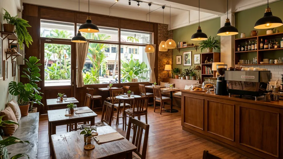 Cosy furnished cafe interior with wooden tables and an espresso counter