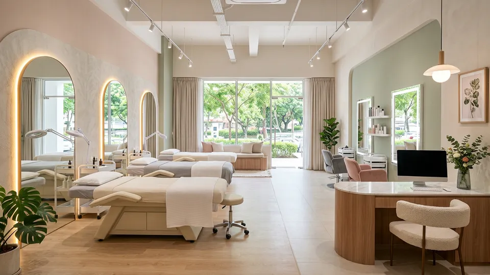 Modern beauty studio with facial beds, lit mirrors and a reception desk